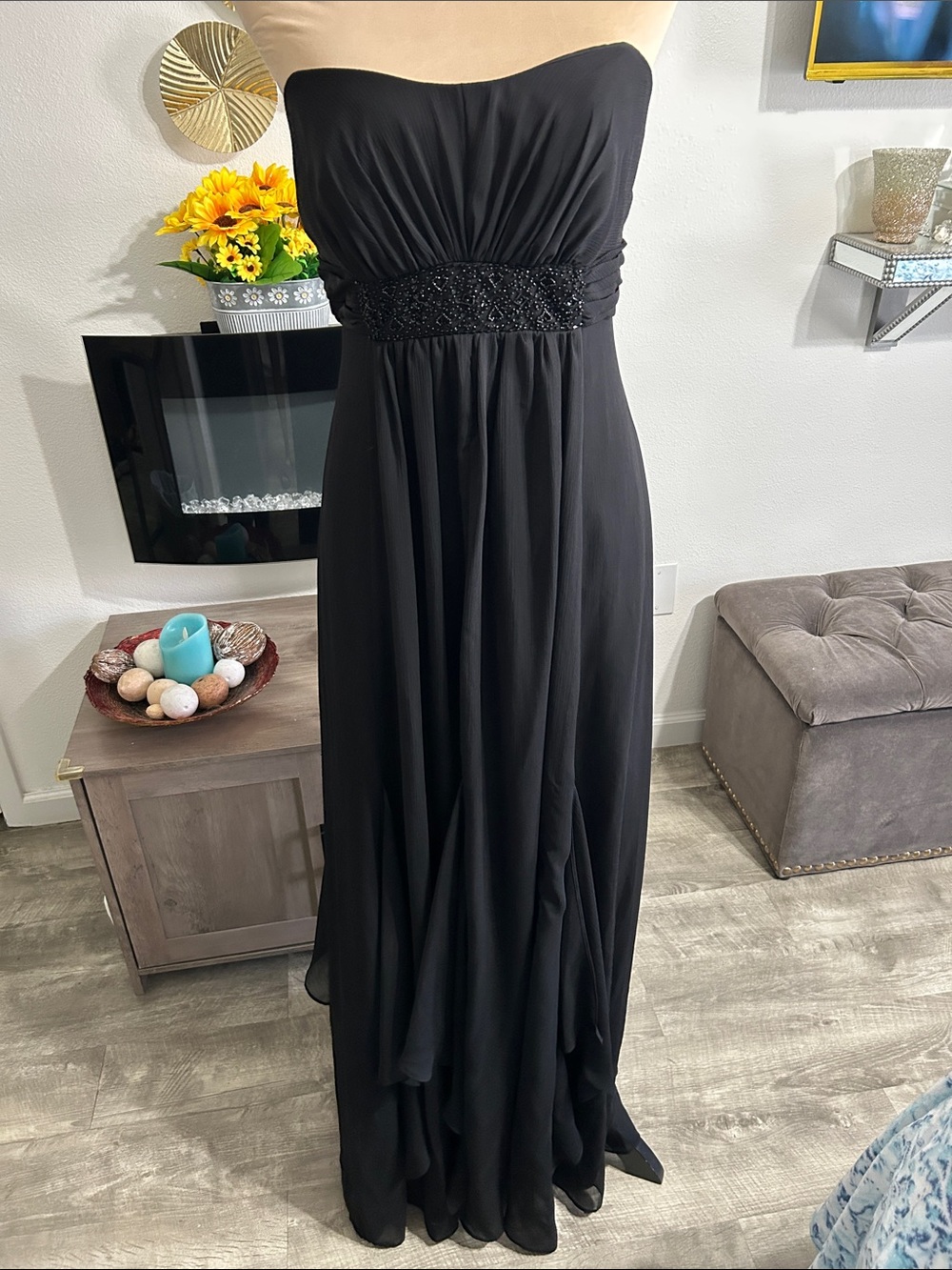 David's ❤️ Bridal Strapless Black Chiffon Evening Gown with Beaded Waist